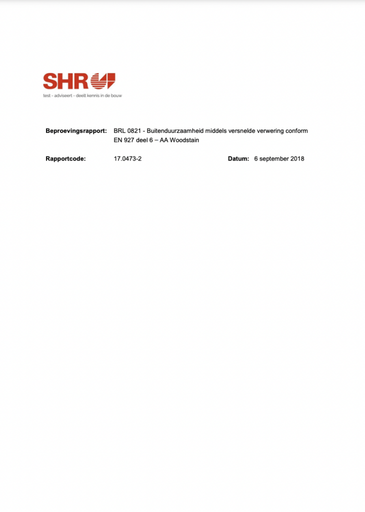 SHR Beproevingsrapport 170473 2-BRL-0821-QUV snelverwering Woodstain